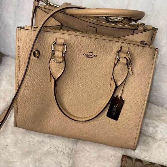 Coach Beige Leather Tote Bag Coach Linud crossbody tote - Picture 4 of 6